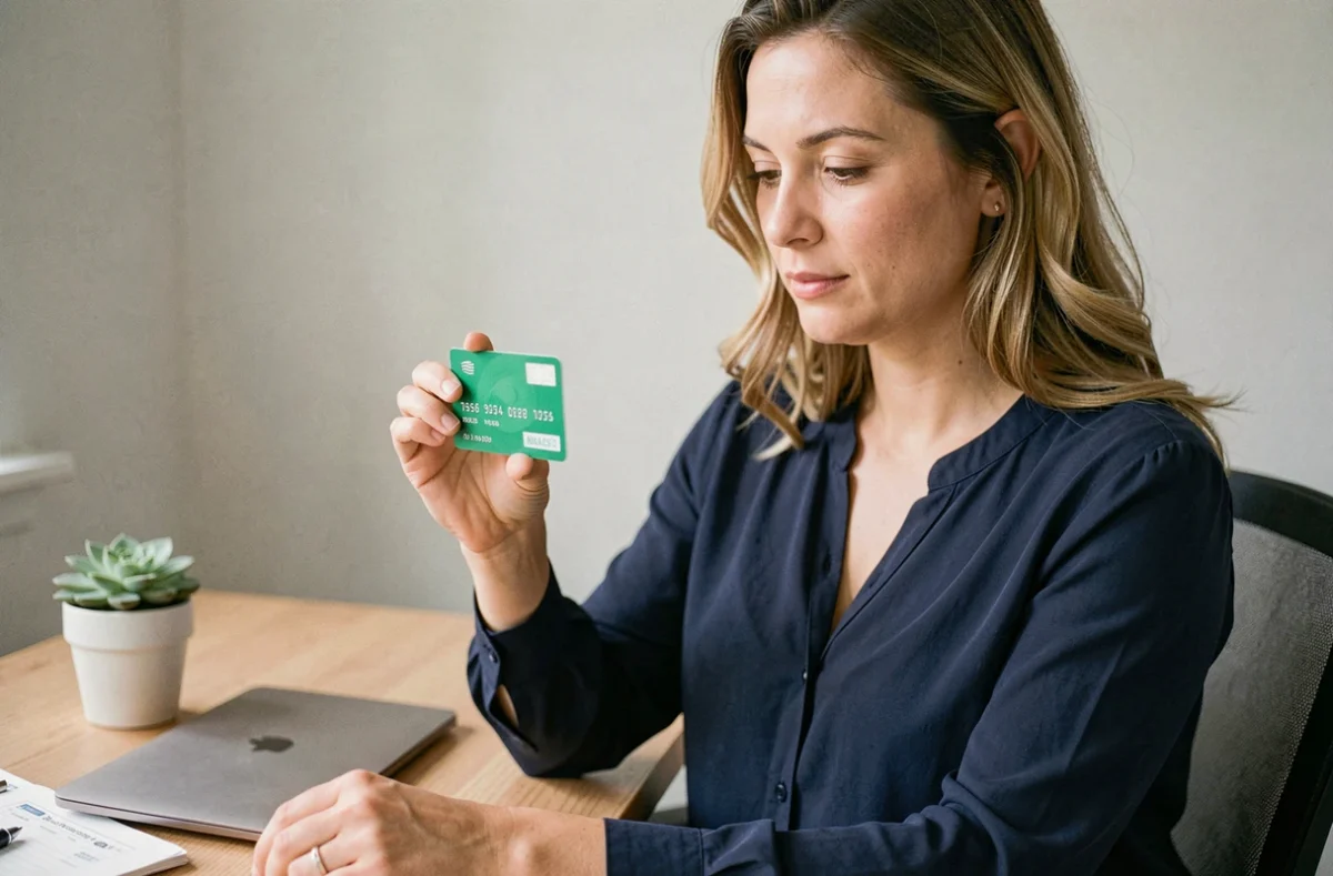 Femme activant sa nouvelle carte bancaire Crédit Agricole à son bureau à domicile