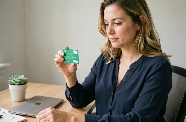 Femme activant sa nouvelle carte bancaire Crédit Agricole à son bureau à domicile