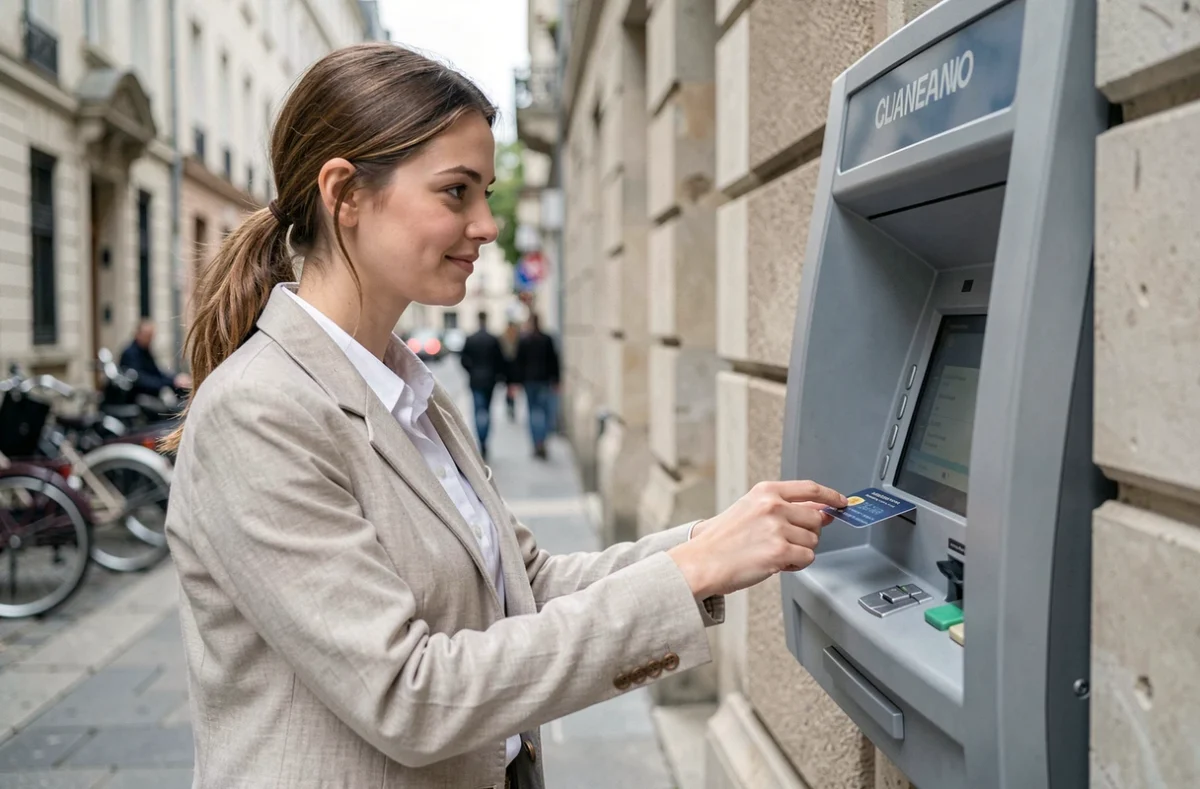 Jeune femme activant sa carte bancaire Crédit Agricole à un distributeur automatique en ville