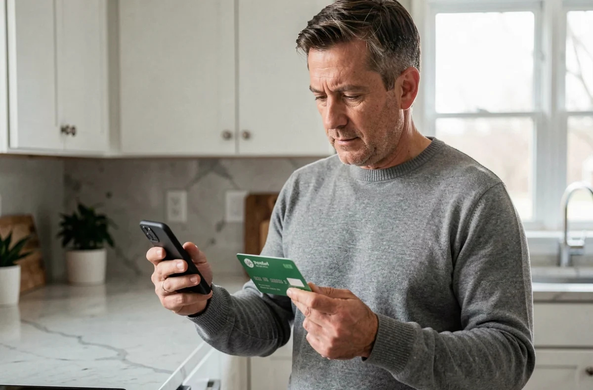 Homme activant sa carte Crédit Agricole par smartphone dans une cuisine moderne