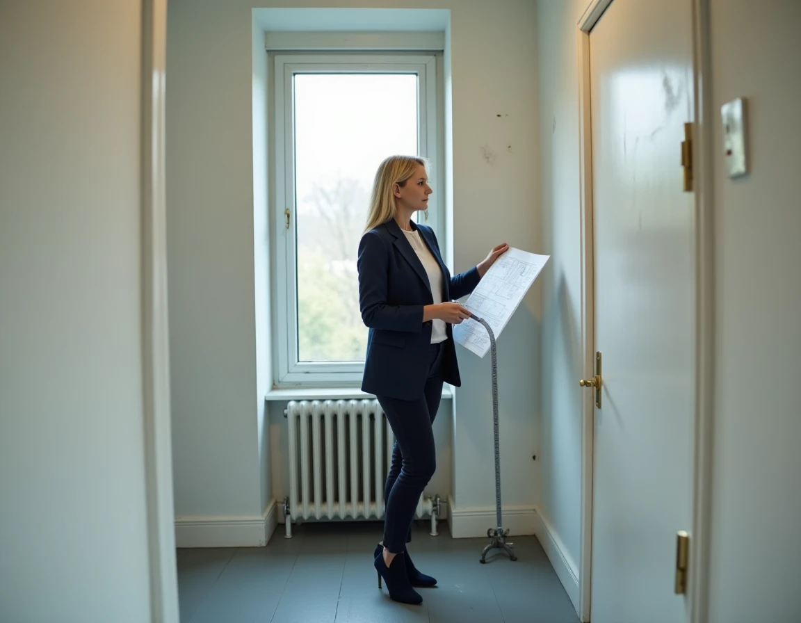 Agent immobilière mesurant une chambre de petite surface avec un mètre ruban pour vérification de la réglementation locative