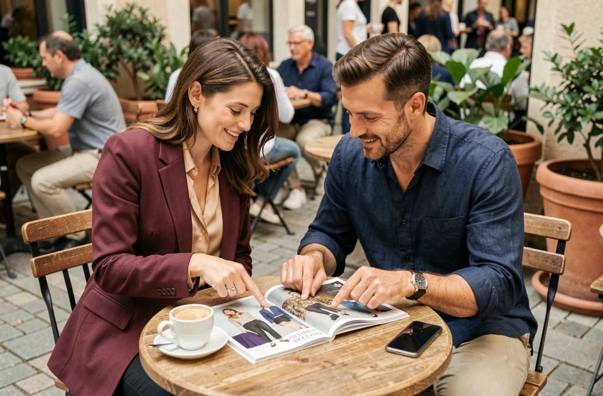Deux amis élégants consultent un magazine de mode en terrasse de café, partageant des conseils de style tendance pour toute l'année
