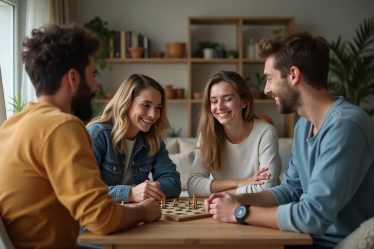 Groupe d'amis jouant à un jeu de société dans un salon cosy