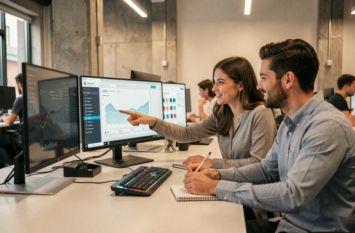 Deux collègues analysant un tableau de bord de cybersécurité sur des écrans dans un bureau open space moderne