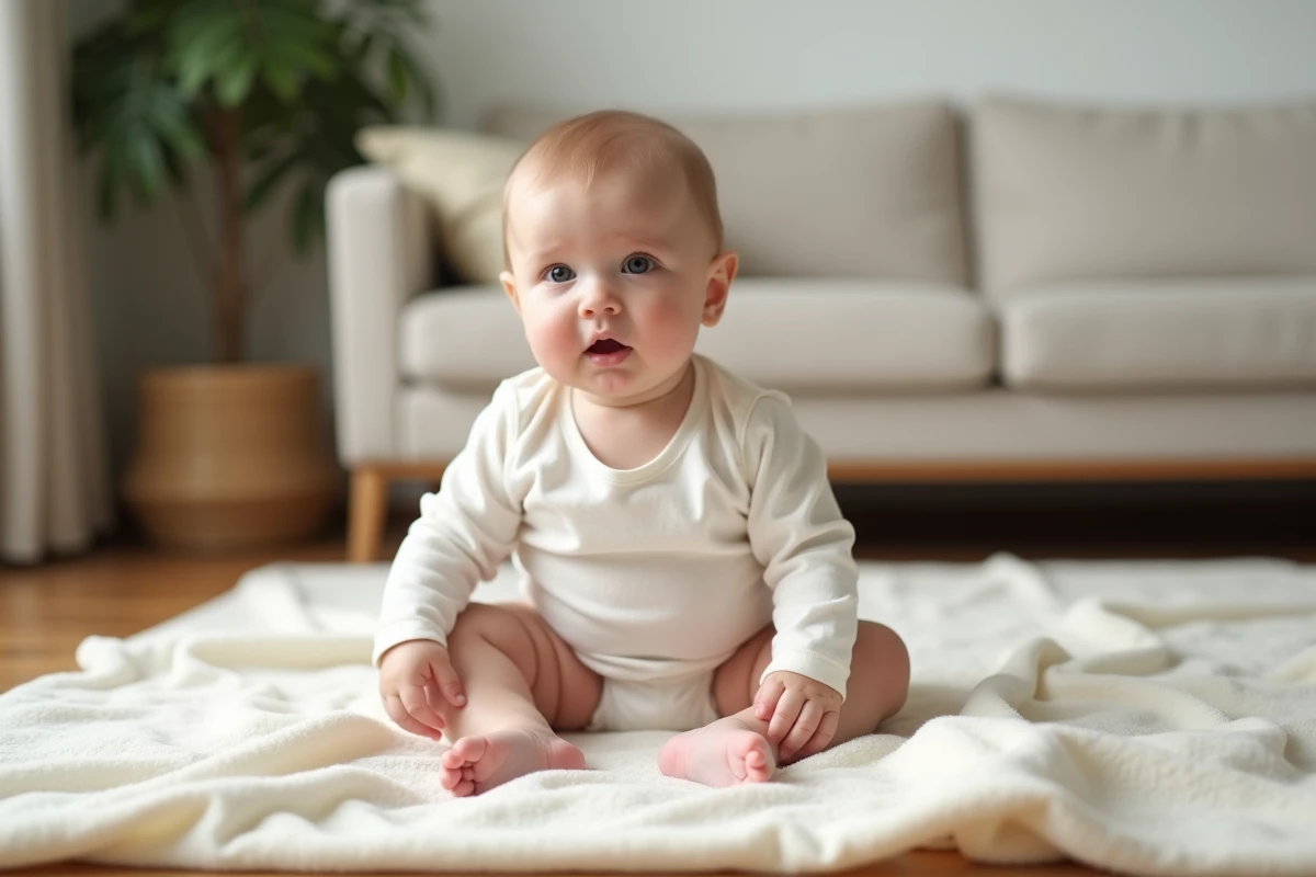 Bébé de six mois assis sur une couverture en mousseline portant un body trop petit illustrant la croissance rapide des nourrissons