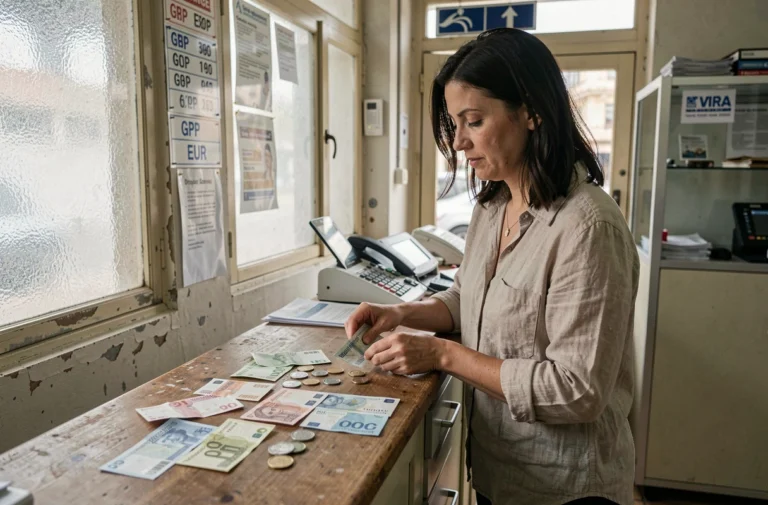 Une voyageuse examine des billets en livres sterling et des pièces en euros dans un bureau de change à Gibraltar