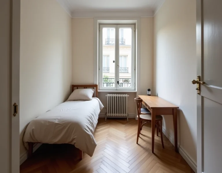 Petite chambre meublée de moins de 9m2 dans un appartement parisien avec lit simple, bureau compact et parquet ancien