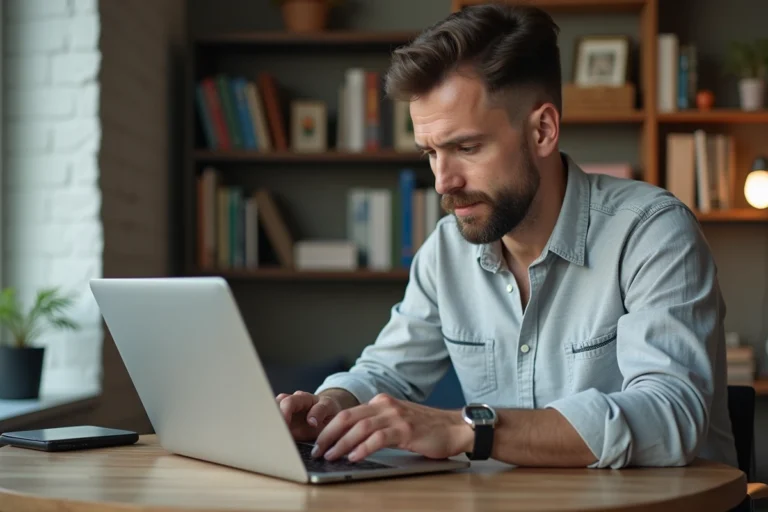 Homme comparant des annonces de voitures d'occasion sur un ordinateur portable depuis son bureau à domicile