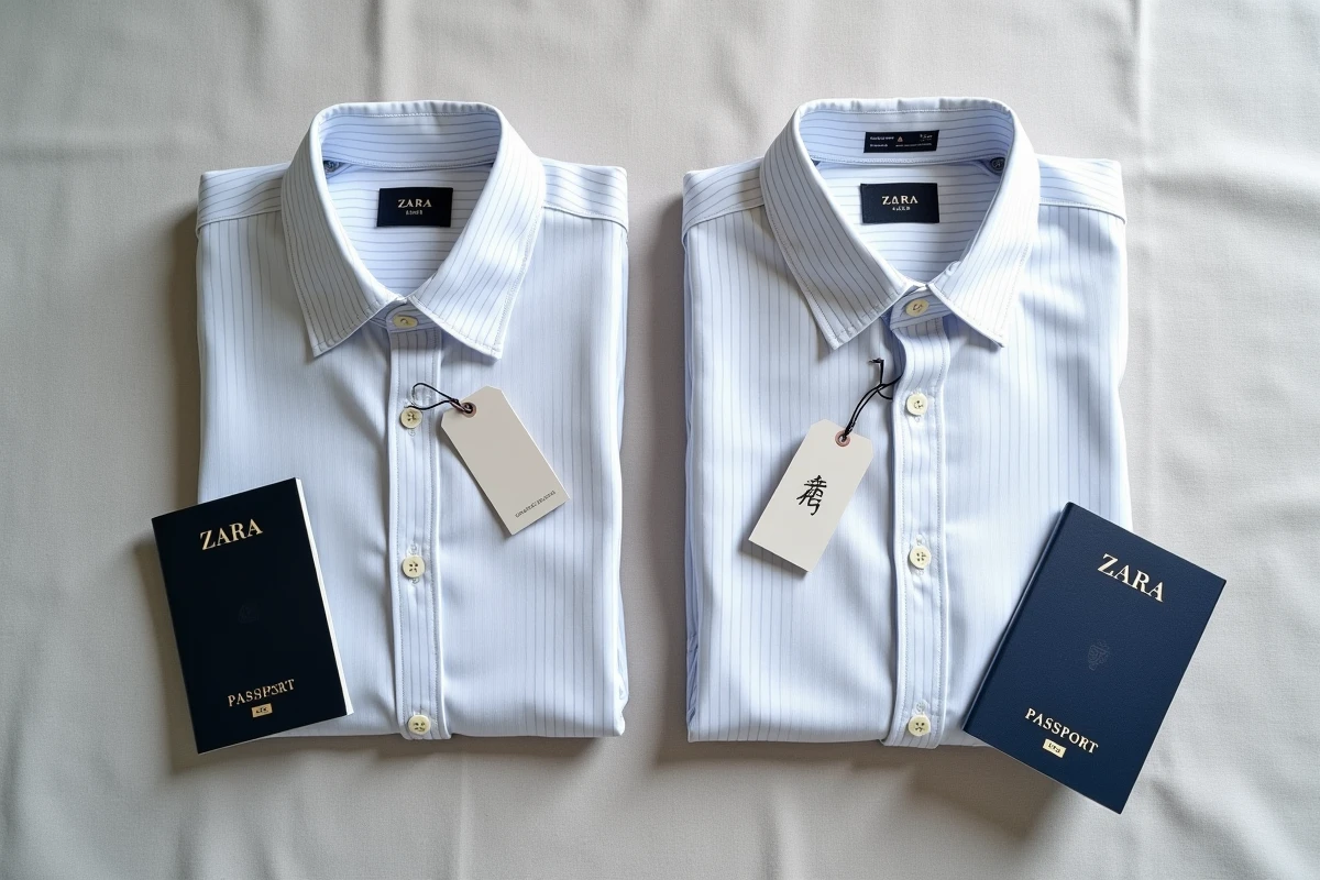 Comparaison de prix Zara entre le Japon et l'Europe avec étiquettes en yens et euros sur fond de lin gris