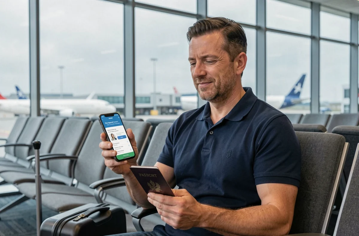 Homme consultant la confirmation de son visa électronique sur smartphone dans un terminal d'aéroport