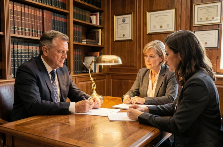 Un notaire professionnel en costume marine consulte un couple dans son cabinet traditionnel lors d'une consultation gratuite en 2026