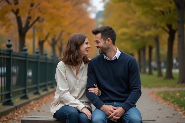 Couple complice assis sur un banc en bois dans un parc automnal, partageant un moment de rire spontané et authentique loin des regards