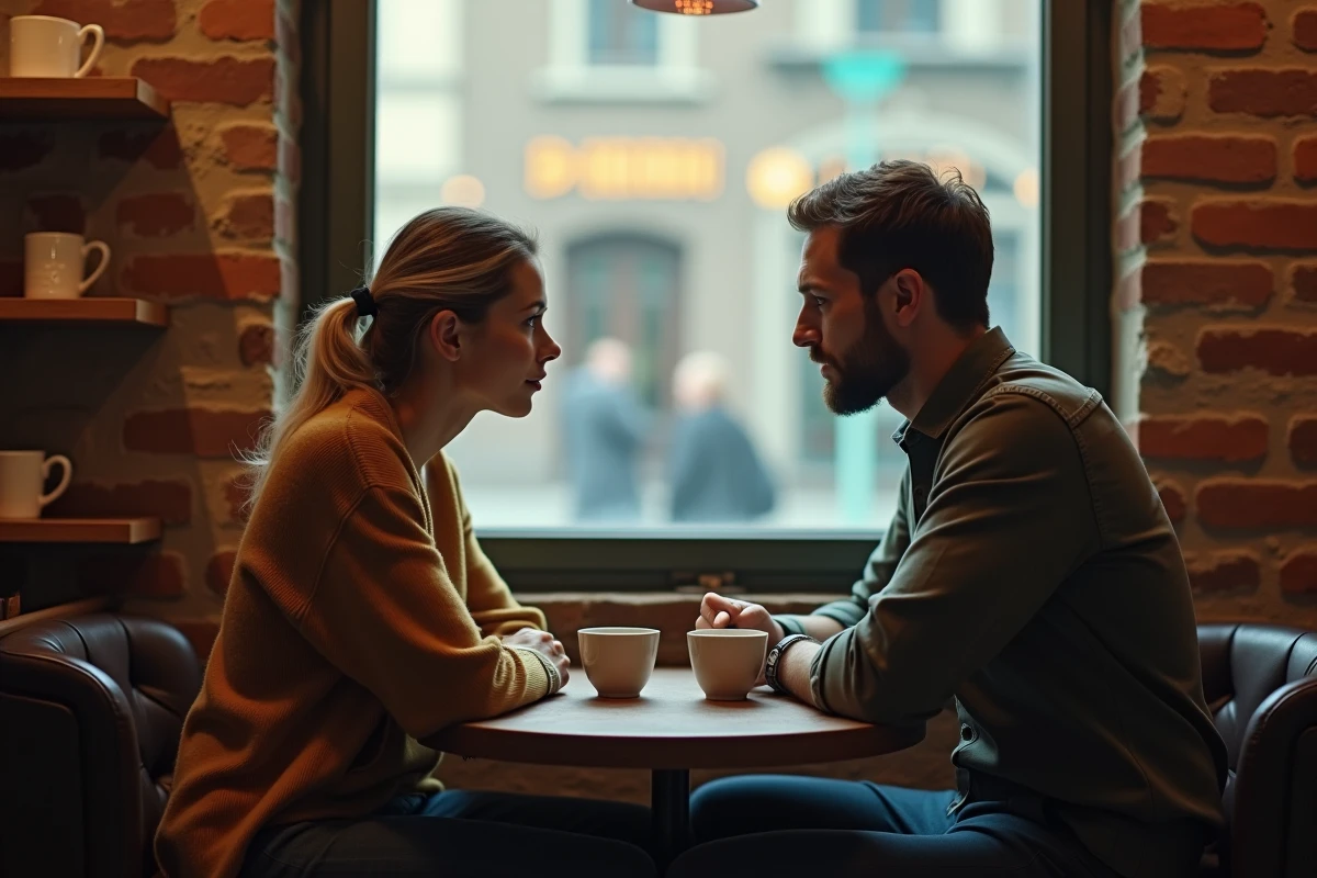 Couple attablé dans un café parisien intime, partageant un moment de silence complice autour de deux tasses de café