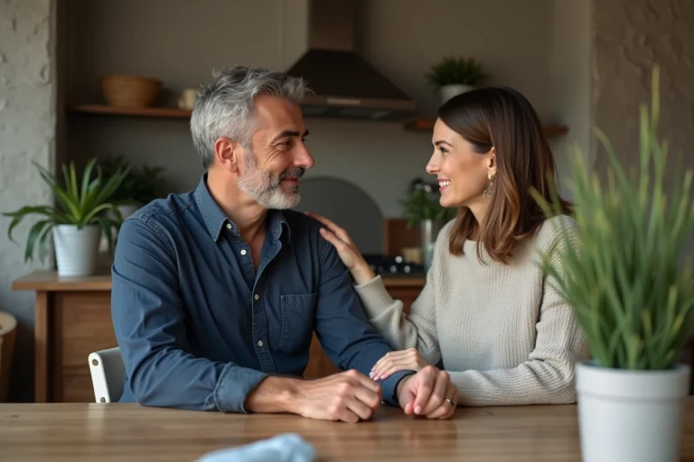 Homme et femme souriants à une table en bois rustique