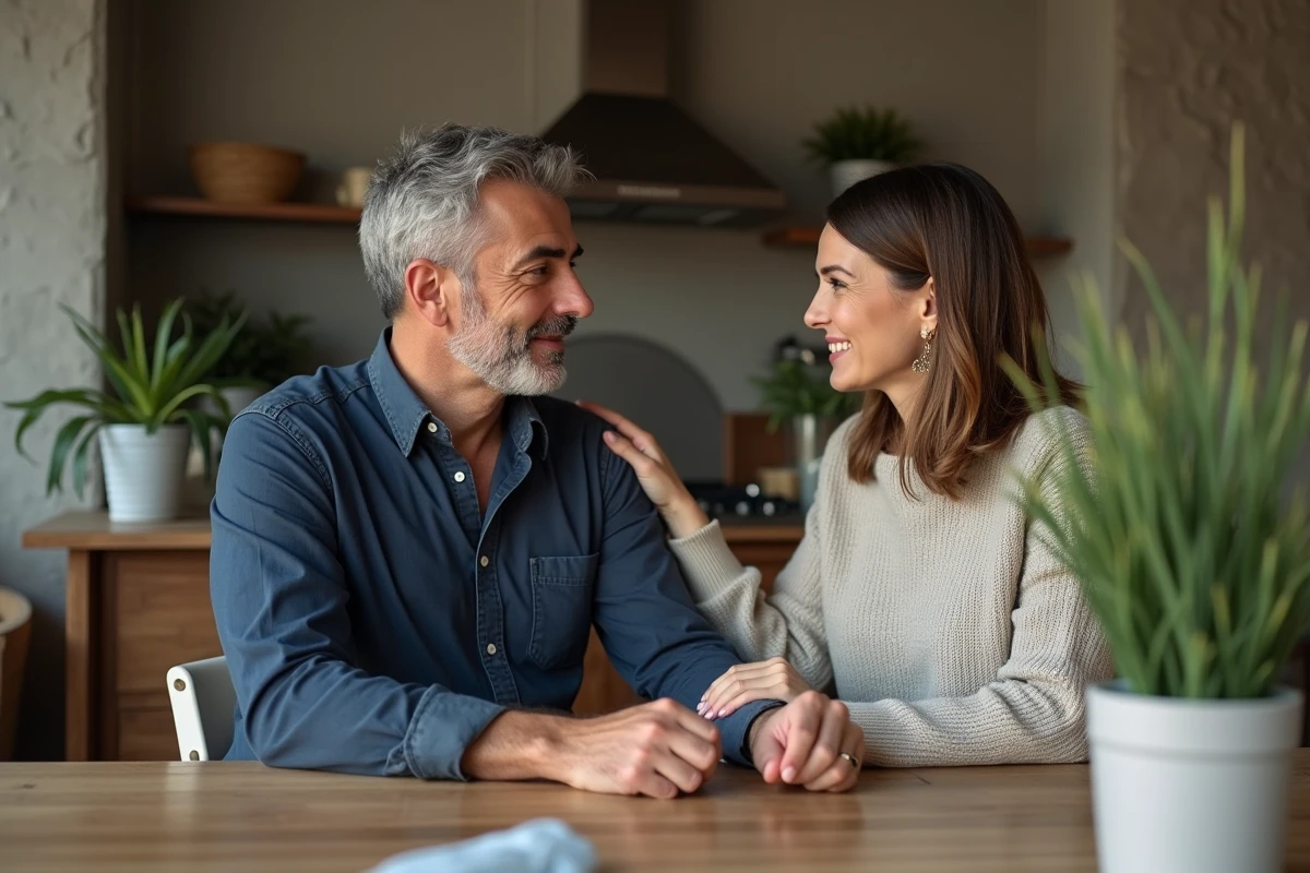 Homme et femme souriants à une table en bois rustique