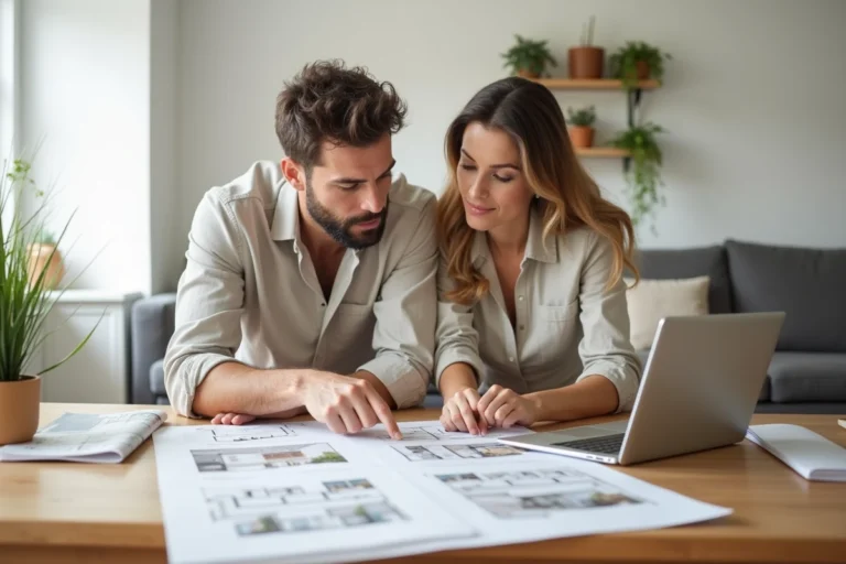 Couple étudiant des plans immobiliers sur une table en bois dans un appartement moderne