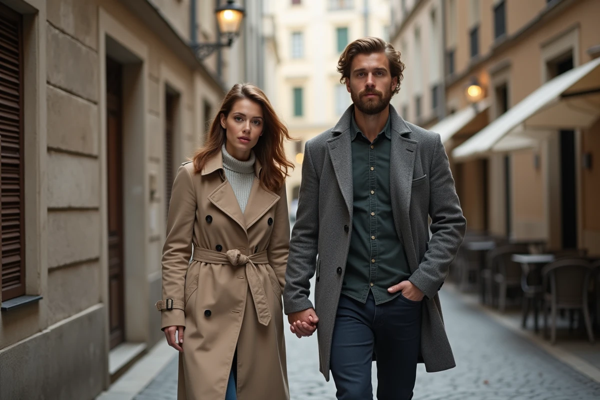 Couple marchant main dans la main dans une ruelle pavée européenne, habillés simplement, dans une atmosphère intime et discrète