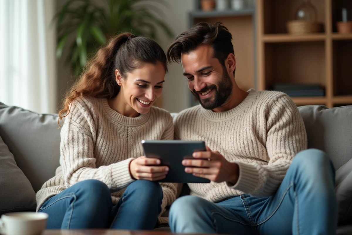 Couple recherchant une voiture d'occasion ensemble sur une tablette dans leur salon