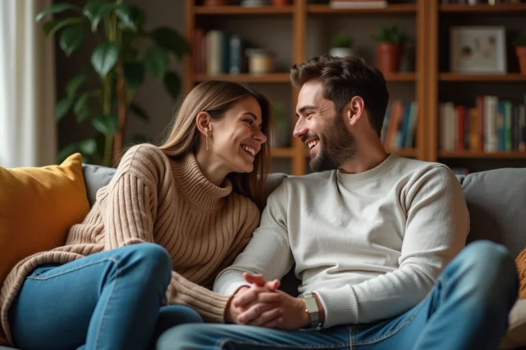Un couple souriant dans un salon chaleureux et cosy