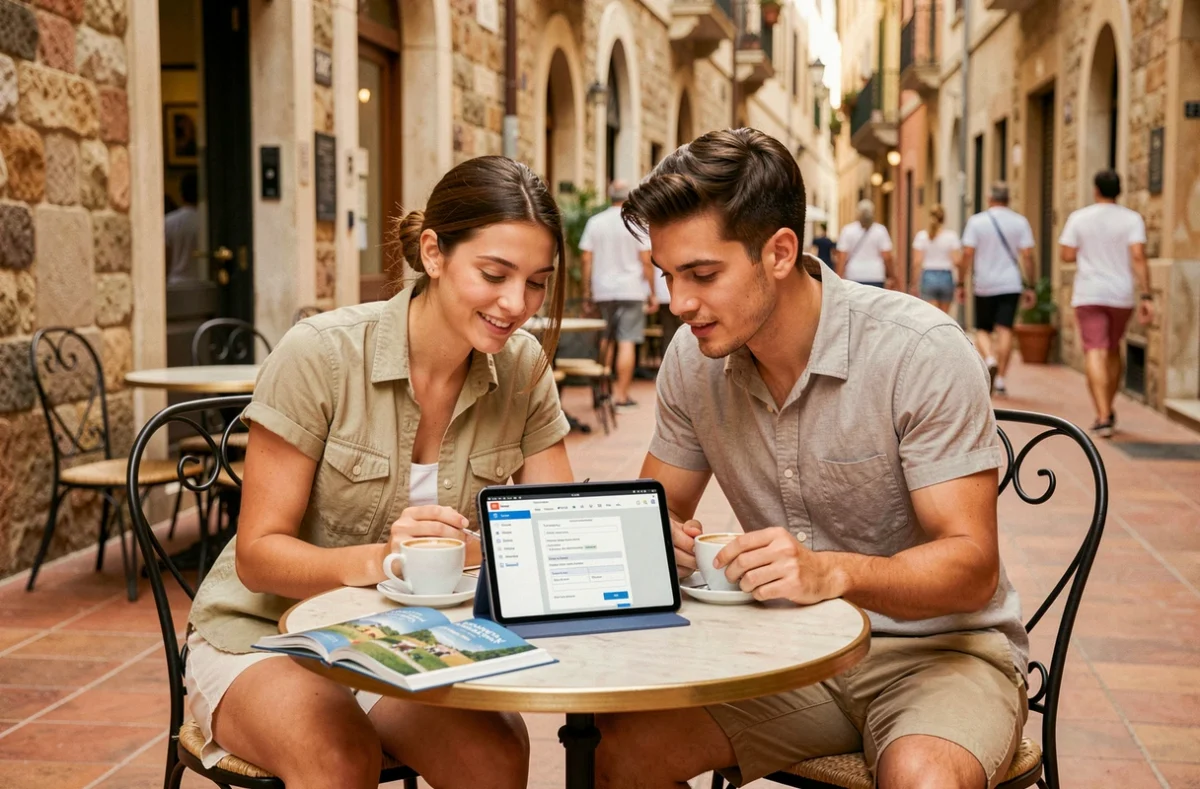 Couple en voyage consultant les étapes d'obtention d'un visa électronique sur une tablette en terrasse de café