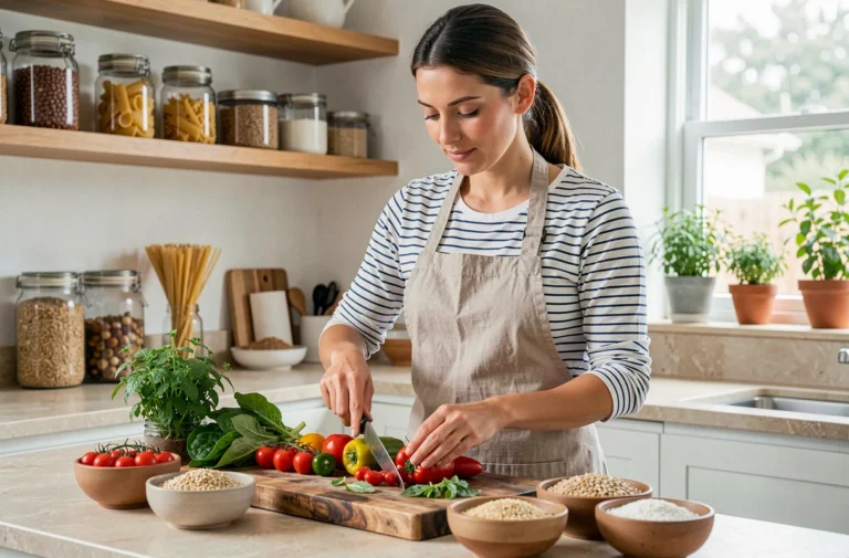 Femme préparant des légumes frais et colorés sur une planche en bois dans une cuisine moderne et saine
