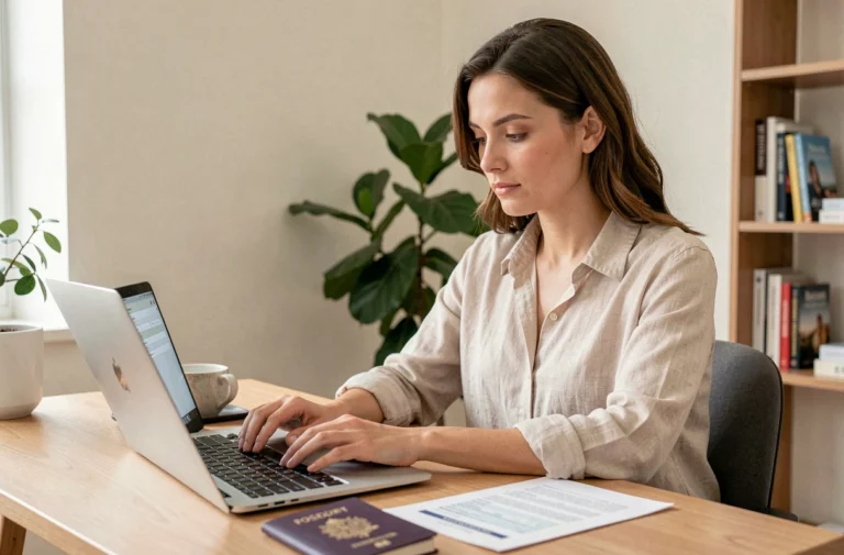 Femme remplissant une demande de visa électronique en ligne sur un ordinateur portable dans un bureau à domicile