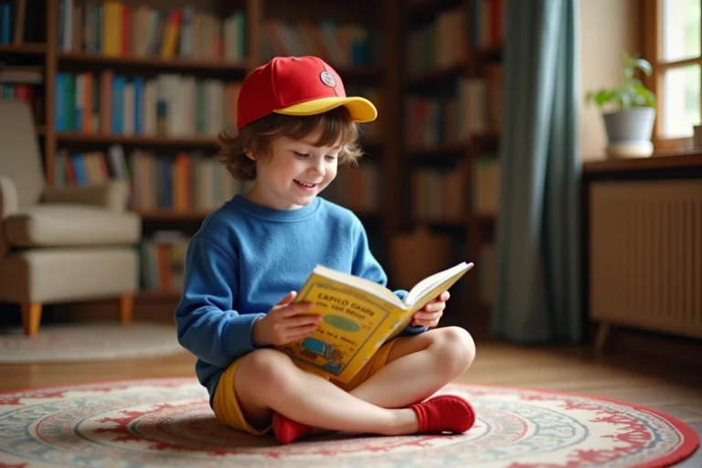 Jeune enfant lisant un livre illustré dans une bibliothèque chaleureuse
