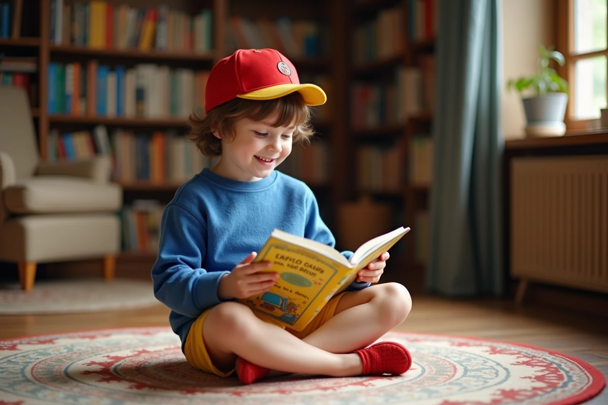 Jeune enfant lisant un livre illustré dans une bibliothèque chaleureuse