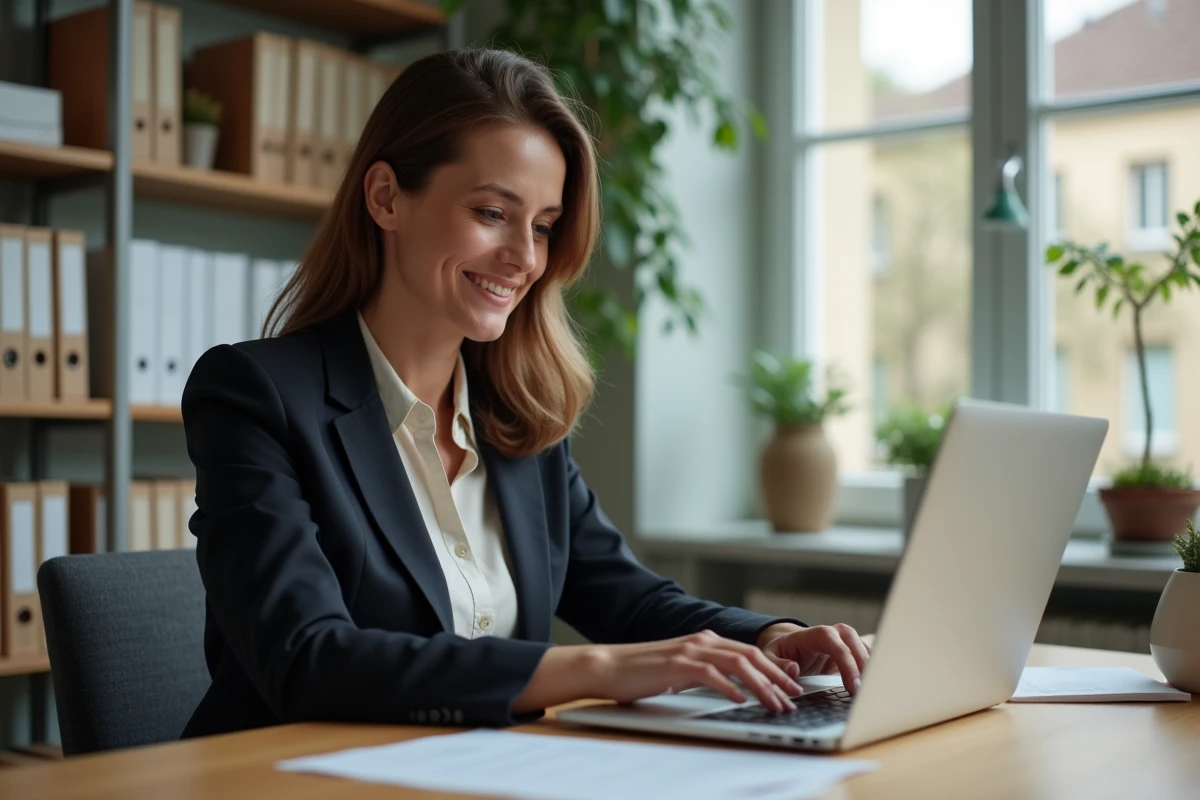 Enseignante connectée à son espace personnel IProf Versailles sur un ordinateur portable dans un bureau scolaire administratif