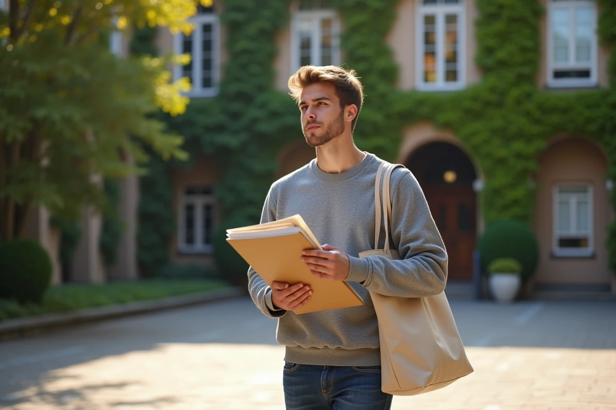 Étudiant traversant la cour d'une université française en tenant son planning de cursus licence