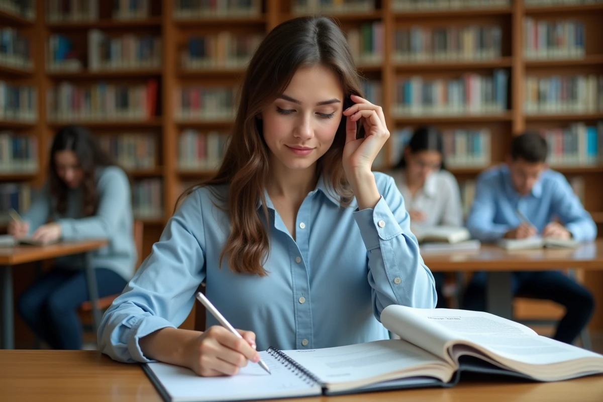 Étudiante en première année de licence (L1) consultant un syllabus universitaire dans une bibliothèque