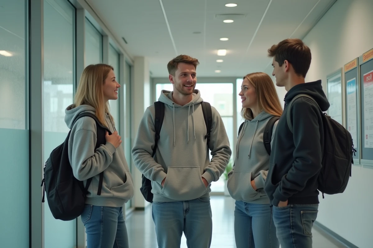 Groupe d'étudiants en L2 et L3 discutant devant un tableau d'affichage universitaire dans un couloir