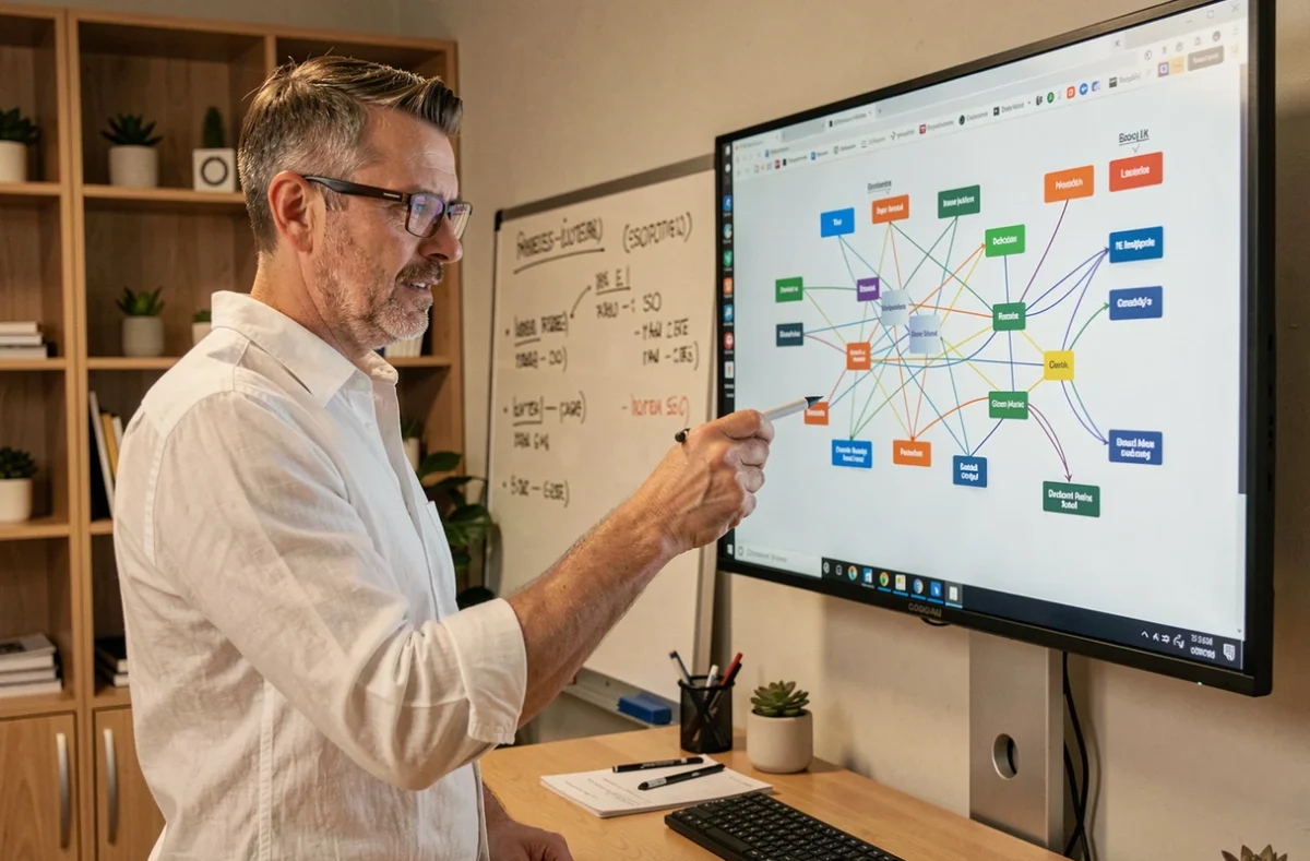 Expert en SEO présentant une carte visuelle de réseau de backlinks sur un écran dans un bureau de startup