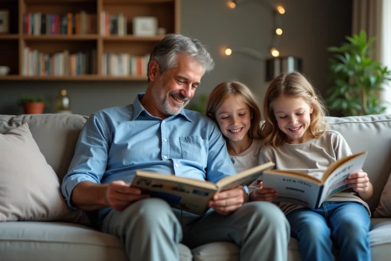 Famille souriante dans un salon moderne et convivial
