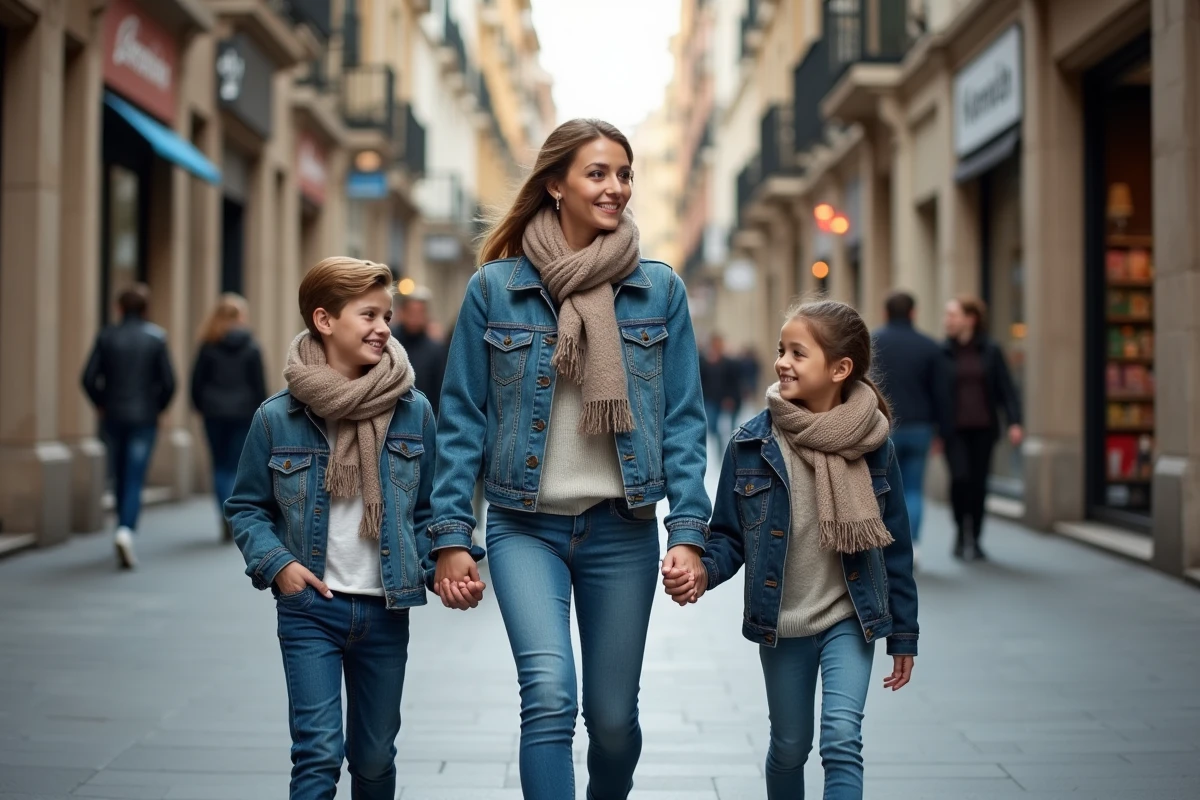 Famille se promenant dans une rue urbaine animée