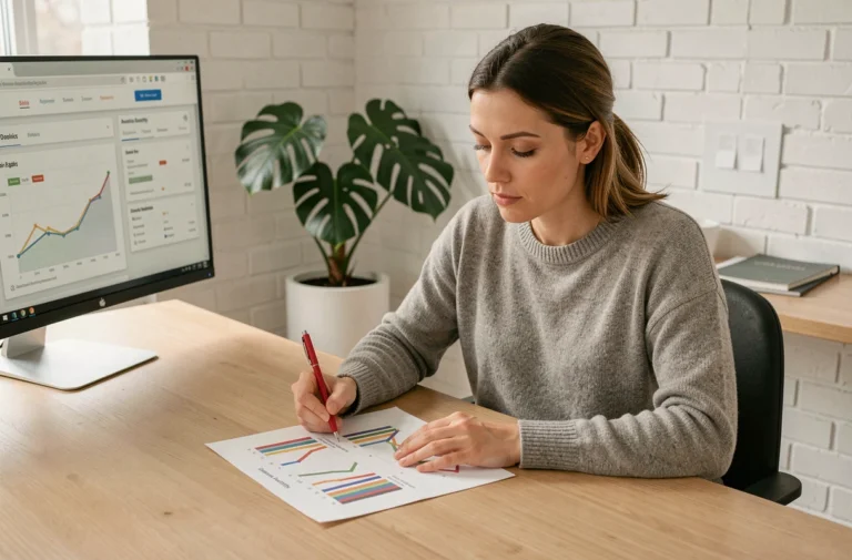 Femme professionnelle analysant une stratégie de netlinking sur un rapport imprimé dans un bureau moderne
