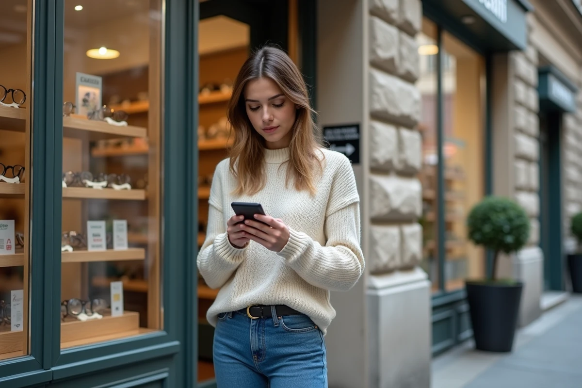 Jeune femme cherchant des lunettes devant une boutique