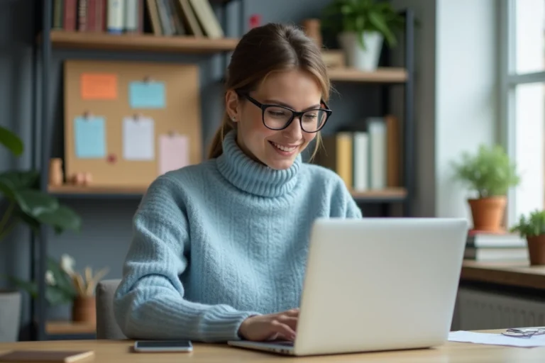 Jeune femme travaillant sur son ordinateur dans un bureau lumineux