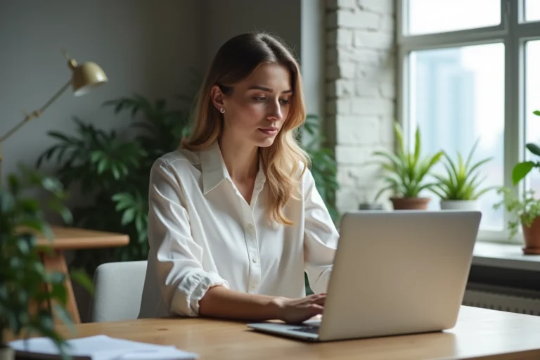 Femme au bureau moderne consulte des offres d'emploi