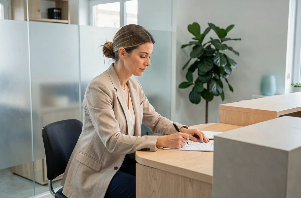 Une femme remplit des documents administratifs dans le hall d'accueil d'un office notarial moderne avant une consultation gratuite