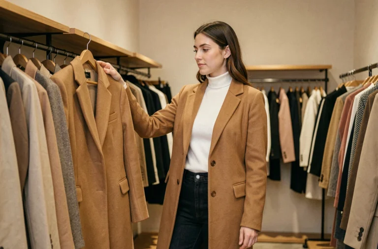 Femme élégante en manteau camel feuilletant des vêtements dans une boutique parisienne minimaliste, illustrant les tendances mode de l'année