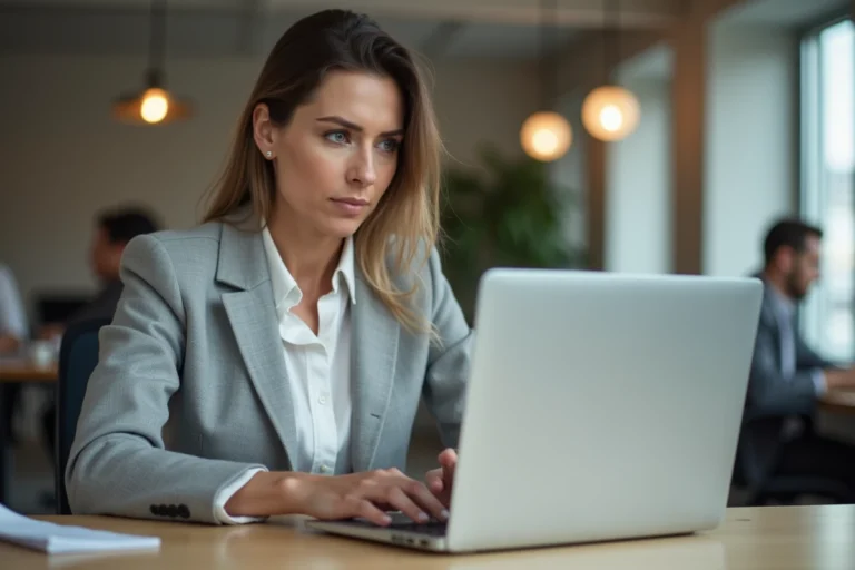 Femme en blazer gris face à un message d'erreur sur son ordinateur portable dans un bureau moderne