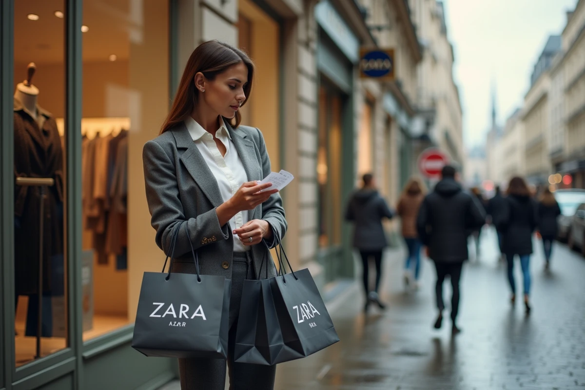 Femme européenne avec des sacs Zara devant une boutique parisienne, prix Zara en Europe comparaison