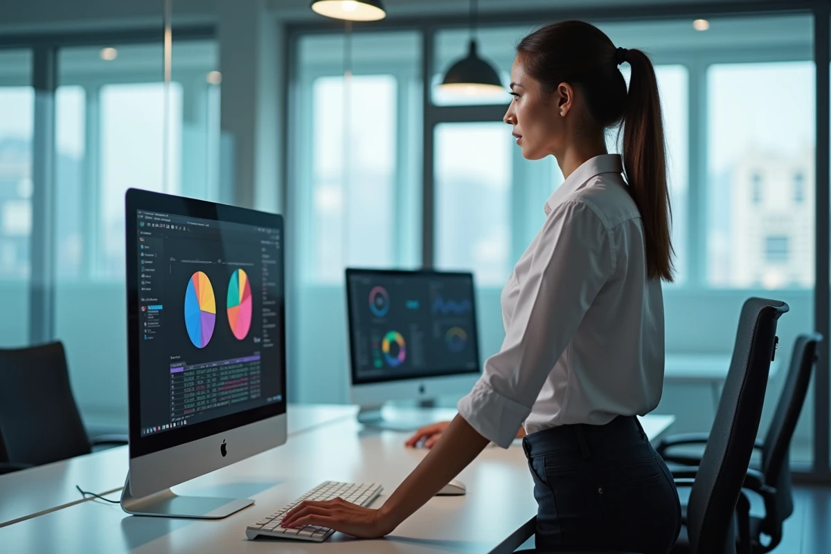 Femme professionnelle analysant des graphiques sur un grand écran