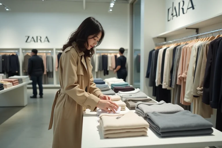 Femme japonaise examinant une étiquette de prix dans un magasin Zara de Tokyo, comparaison des prix Zara Japon Europe