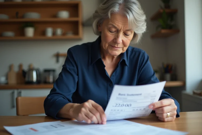 Femme lisant un relevé bancaire dans la cuisine