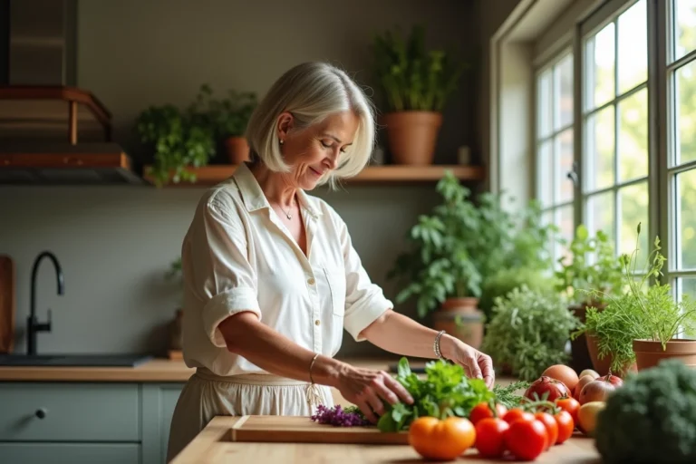 Femme arrangeant légumes frais sur un plan de travail rustique
