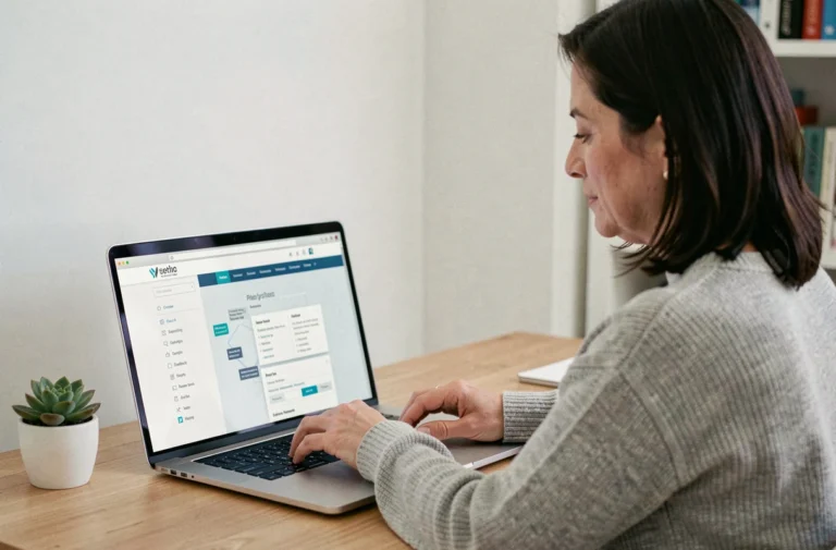 Femme naviguant sur le plan du site Optimum Santé depuis son bureau à domicile