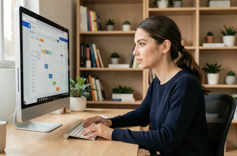 Femme naviguant sur un plan de site tech depuis un bureau à domicile moderne