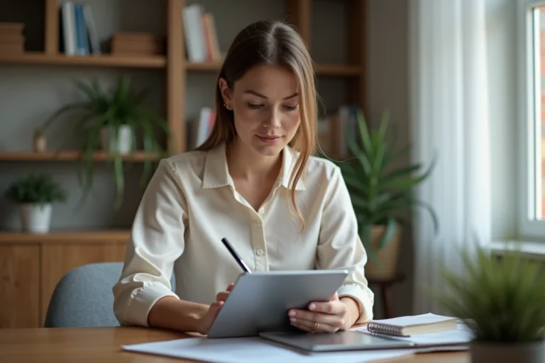 Jeune femme prenant des notes numériques sur une tablette